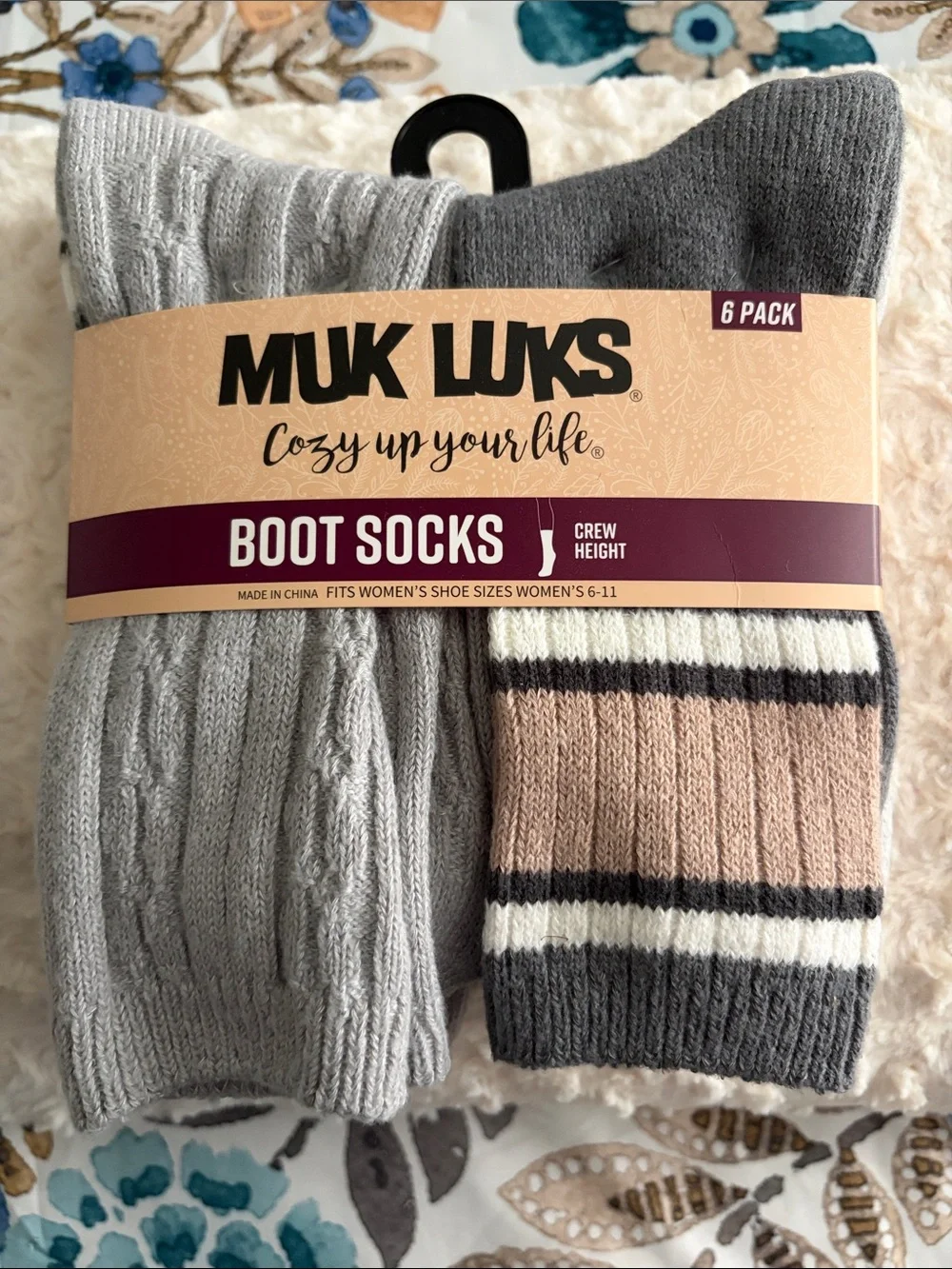 Muk Luks Women’s Gray & Taupe Striped Crew Boot Socks - 6 Pack 6-11